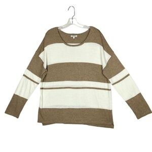 RAG POETs Sweater L Women Brown White Knit Long Sleeve Striped Cozy Minimalist